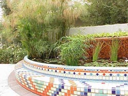 Mosaic tile covered concrete pond