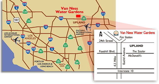 Map showing directions to Van Ness Water Gardens 2460 North Euclid Ave. Upland, California, 91784-1199, USA